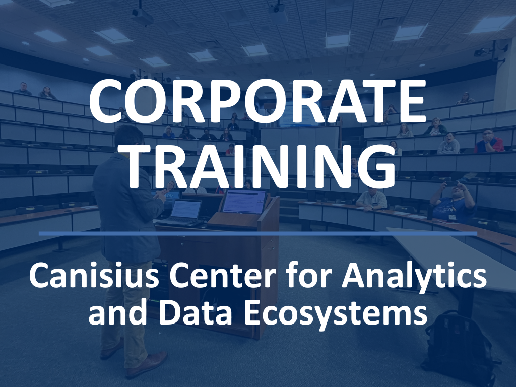 Corporate Training Canisius Center for Analytics and Data Ecosystems written over blue background with professionals in auditorium receiving training