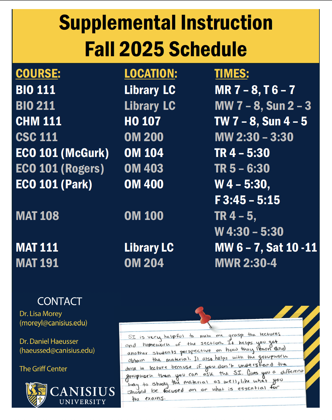Fall 2025 Supplemental Instruction Schedule