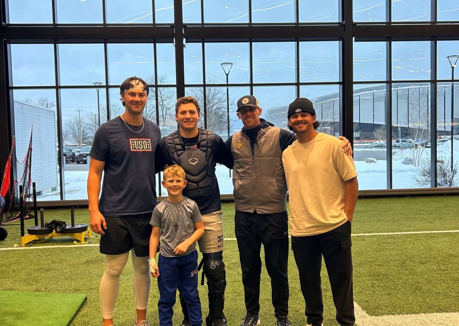 From left to right: 2025 National League Cy Young Award Winner Paul Skenes, Thomas Zwirecki, Coach Matt Mazurek, Jared Jones with Coach Matt’s son Maverick Mazurek.