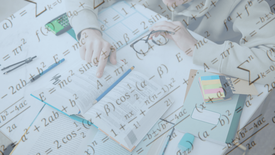 A student studies from an open textboo with notebooks and supplies nearby with a transparent overlay of mathematical formulas
