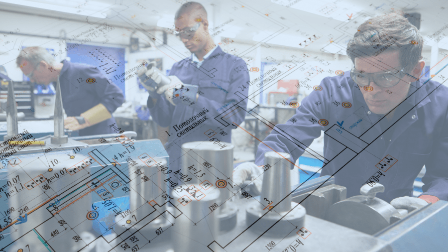 Students working on an engineering project, using tools and equipment while technical schematics and design diagrams are overlaid.
