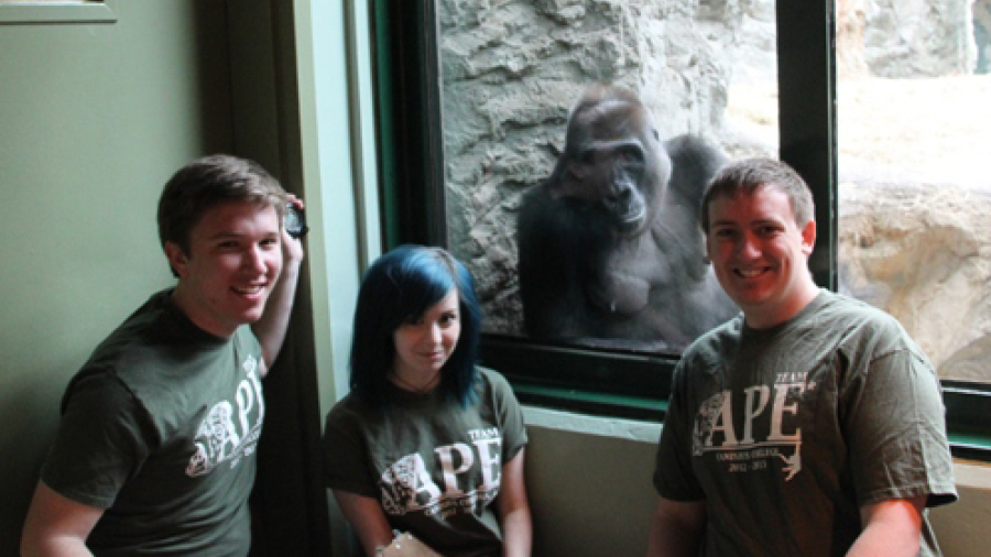 Students in front of a gorilla who is behind class