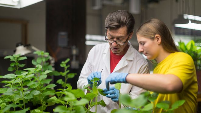 Bob Grebenok in lab with student 