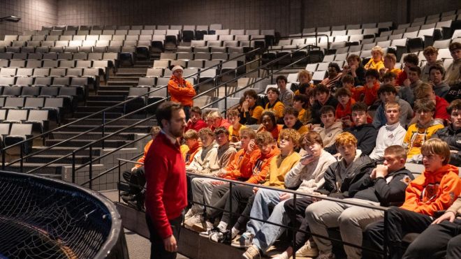 Counseling Professor David Moran speaks to St. Francis' high school students 