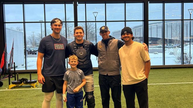 From left to right: 2025 National League Cy Young Award Winner Paul Skenes, Thomas Zwirecki, Coach Matt Mazurek, Jared Jones with Coach Matt’s son Maverick Mazurek.