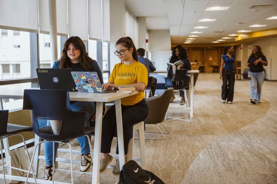 Canisius students sitting, working, talking in the new Golisano Center for Student Success