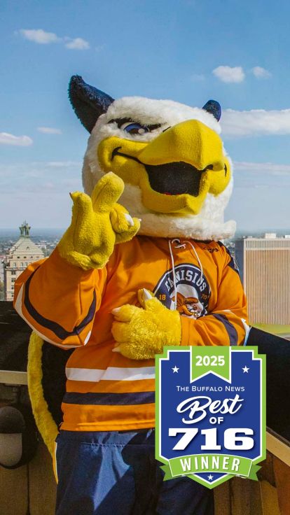 Petey the mascot gives the thumbs up for Canisius being named "Best Local University" for 2025