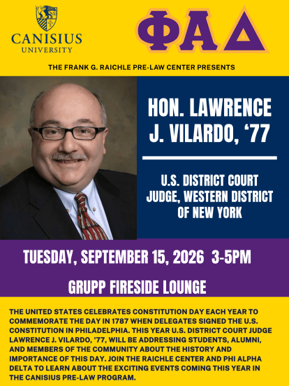 Flyer announcing Hon. Lawrence Vilardo will speak at Canisius for Constitution Day on September 15