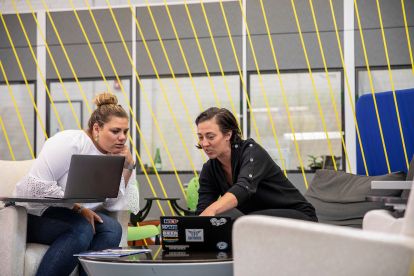 an employer mentor and an employee learning and reviewing a computer together in an office setting