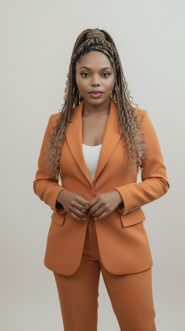 student posing for a photo in front of a blank wall for a college masters program