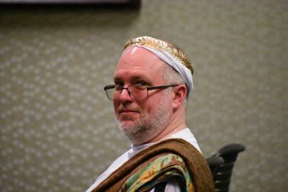 Jonathan Lawrence dressed as an Athenian aristocrat