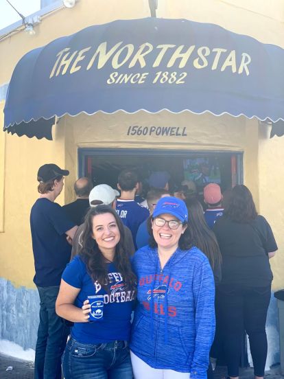Two women outside a bar in California.
